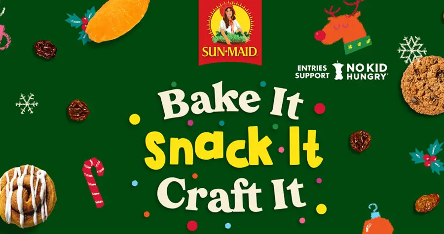 Show Us Your Sun-Maid Holiday Creations and then play for weekly gifts & the $10,000 grand prize! Upload a baked good, snack or holiday craft that uses a Sun-Maid product for a chance to win festive prizes — including $10,000. Get started by signing in or creating an account below. For every entry, Sun-Maid will donate $10 to No Kid Hungry (up to $10,000).