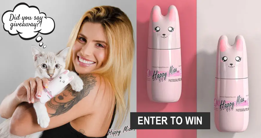 Enter for your chance to win one of three full Happy Miau Bundles valued at $60 each. Happy Miau's odor-neutralizing formula will simplify your bathroom experience! It does not harm your health and eliminates unwanted odors from your litter box. It's super easy for your human to use and the results are noticed right away!