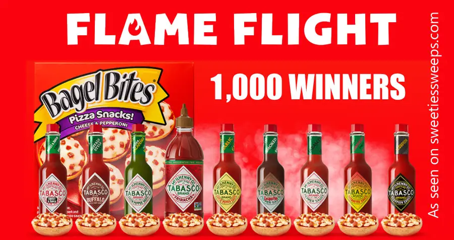 1,000 WINNERS! Enter for your chance to win a Bagel Bites Flame Flight prize pack that includes nine bottles of different flavored Tabasco sauces, and one coupon for a free box of 9 count Bagel Bites