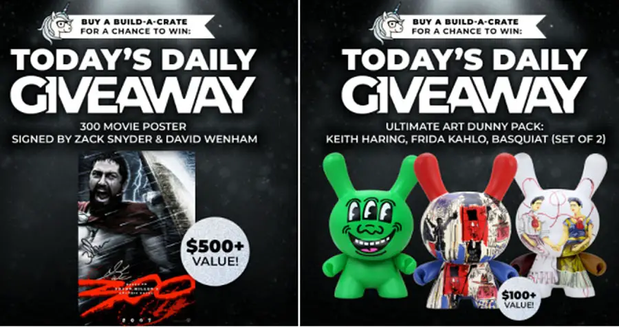 Don't miss Loot Crate's daily giveaway all month long! With super prizes like signed posters, mega figures, or even a Jurassic Park Pinball Machine! Today's prize is a 300 Movie Poster Signed by #ZackSnyder & David Wenham and a Ultimate Art Dunny Pack: Keith Haring, Frida Kahlo, Basquiat (Set of 2)!