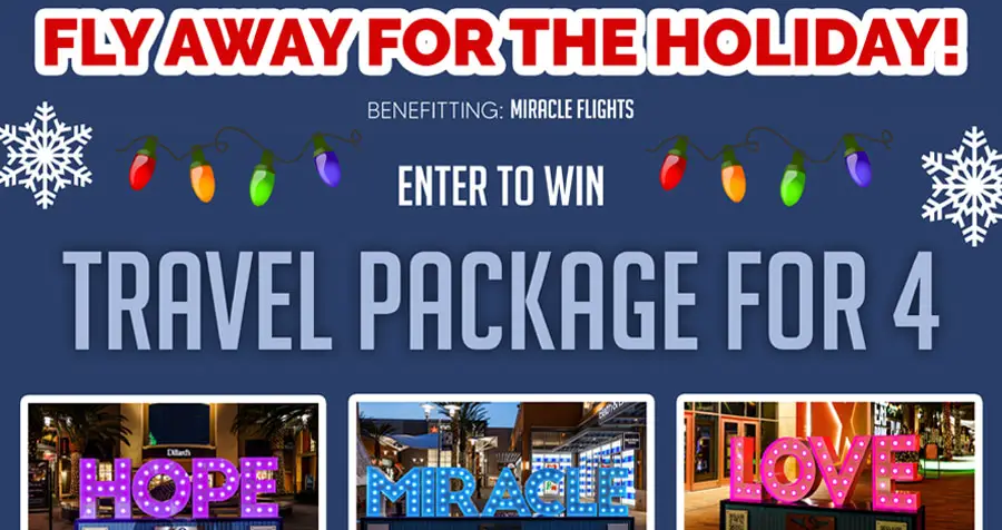 Enter for your chance to win a travel package for four from Miracle Flights valued at $5,000. Enter this FlyAway to soar to anywhere in the US that you love. Fly somewhere that brings you joy, peace, or hope. 