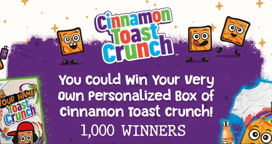 1,000 WINNERS! You could win your very own Personalized Box of Cinnamon Toast Crunch or one of 750 swag prize packages when you enter General Mills Cinnamoji Sweepstakes