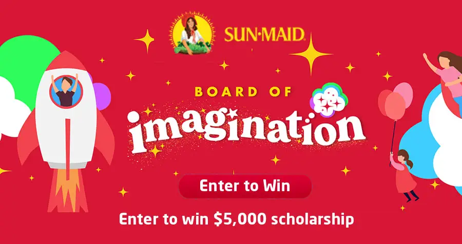 Imagination could win your kid a seat on Sun-Maid's board, plus $5,000 for both them and their school. The winning kids will receive a $5,000 scholarship, $5,000 and a year's worth of snacks for their school and the opportunity of a lifetime.