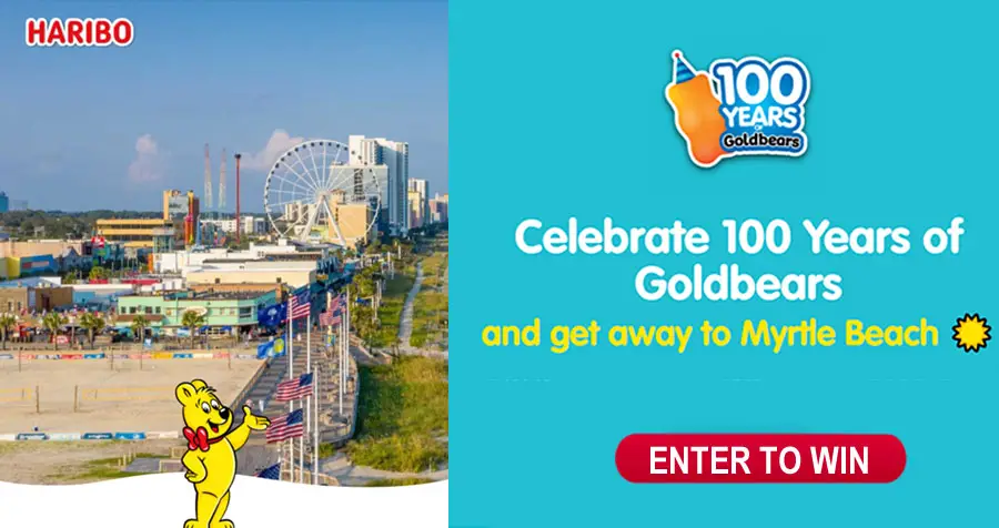 Enter the 100 Years of Goldbears Myrtle Beach Giveaway for a chance to win a trip for 4 to Myrtle Beach or one of 106 other prizes including Free HARIBO beach bags, sunglasses, beach towel and more.