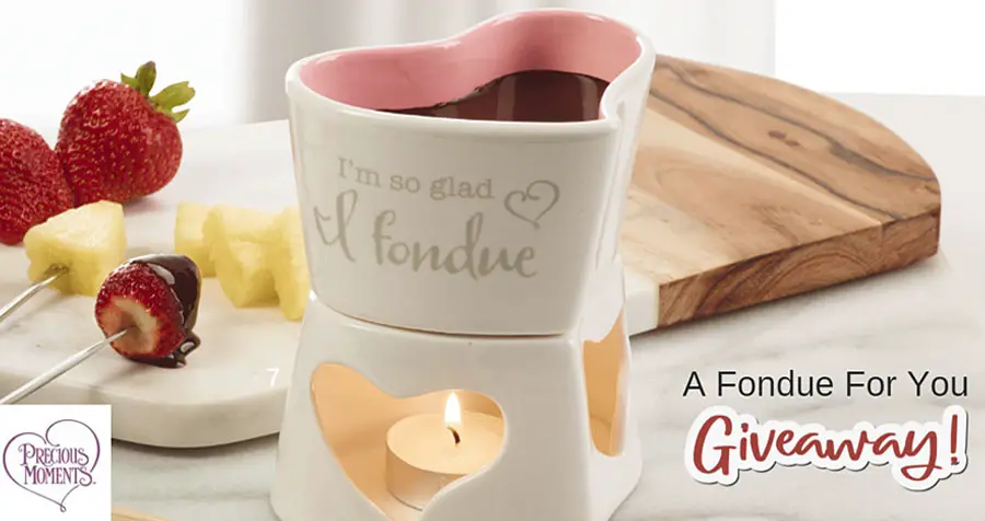 In honor of National Chocolate Fondue Day and Precious Moments is giving away 14 "I'm So Glad I Fondue" 6-Piece Fondue Sets. A sweet way to celebrate a romantic night in or have fun with the kids, this fondue set is perfect to enjoy dipping delicious treats in chocolate, cheese, or other favorite fondue recipes.
