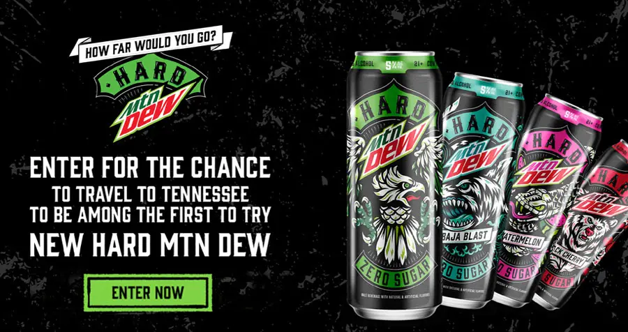 How far would you go for a Mtn Dew? Answer well, and you won’t only be getting that taste, you’ll be getting a trip to Tennessee for a one-of-a-kind experience in the great city of Nashville. The trip includes airfare for you and a friend, two nights of epic lodging, transportation, a $1,000 spending allowance – and of course a HARD MTN DEW tasting experience like no other.