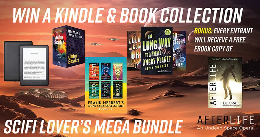Enter for your chance to win a SciFi Lover's Mega Bundle that includes a Kindle PaperWhite, Frank Herbert's Dune Saga Collection, John Scalzi's Old Man's War 1-3, and Becky Chamber's Wayfarers Series