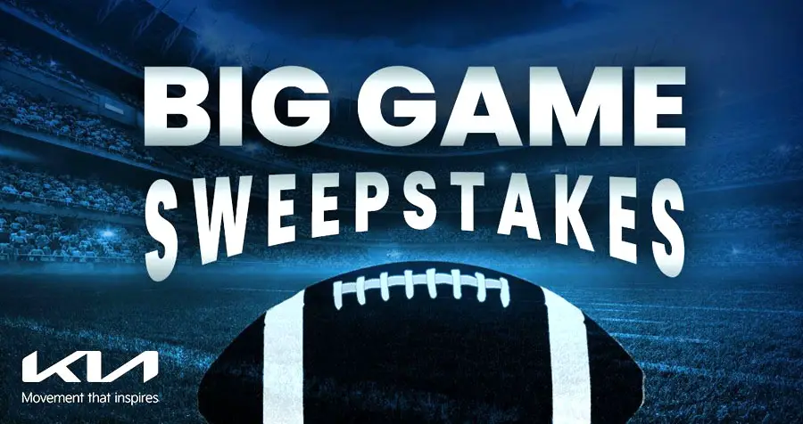 Kia is sending one lucky winner and their guest to the #BigGame in February 2023! Enter now to win the ultimate fan experience! One lucky winner will receive $10,000 in Visa gift cards, 3 nights of hotel accommodations in Glendale, AZ, and round-trip airline tickets for two. See official rules for terms, substitutions, and limitations