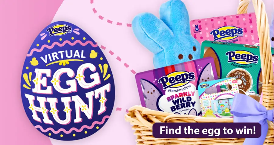 Each person that finds the PEEPS Virtual Egg Hunt Easter Egg hidden within the  PEEPS website will need to click on the PEEPS Virtual Egg Hunt graphic or the Enter to Win button and will then be linked to an official entry form where the you will need to complete and submit. Once you complete the entry form and click "submit" you will be entered into that Weekly Entry Period's Random.