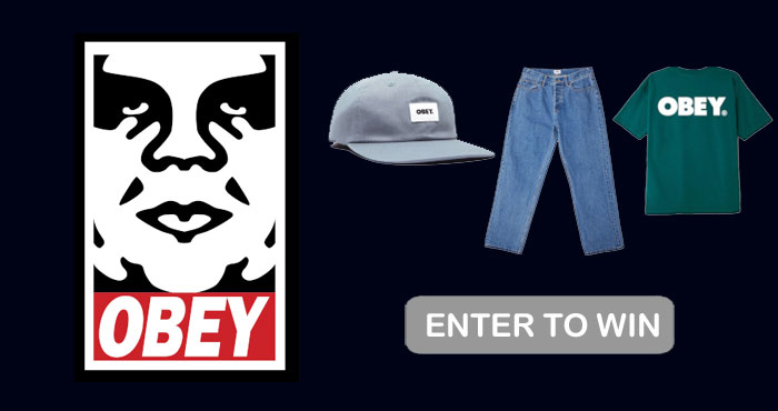 Enter for your chance to win apparel from Obey Clothing: hat, shirt, pants, and socks of your choice up to $200! Winner will be drawn at random and notified by email. Prize must be claimed within 48 hours of notification or another winner will be selected at random.