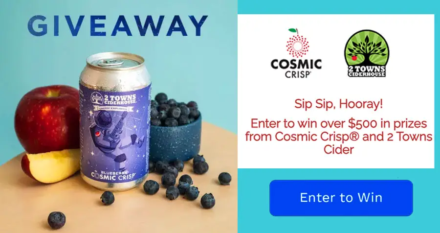 Cosmic Crisp is teaming up with 2 Towns Ciderhouse to celebrate the release of their NEW Cosmic Crisp® Explorer Series Imperial Cider flavors and FIVE lucky winners will receive the exclusive prizes