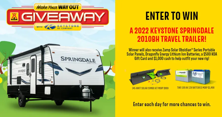 Enter for your chance to win 2022 Keystone Springdale 2010BH Travel Trailer in the KOA Keystone Make Your Way Out Giveaway. The grand prize winner will also receive Zamp Solar Obsidian® Series Portable Solar Panels, Dragonfly Energy Lithium Ion Batteries, a $500 KOA Gift Card and $1,000 cash to help outfit your new rig!