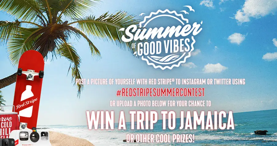 Post a picture of yourself with a Red Stripe to Instagram, Twitter using #redstripesummercontest or upload a photo on the website for your chance to win a trip to Jamaica or other cool prizes