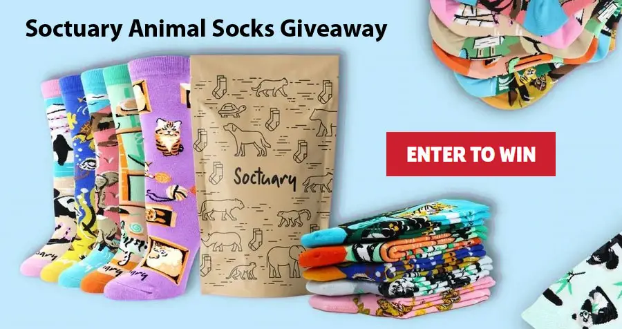 Enter for your chance to win a Soctuary Sock Bundle from Soctuary.com. Soctuary strives to create a community of men and women who want to support animals and look great while doing so. Your participation is what helps fuel our goal to provide nonprofits with donations to support animals both experiencing cruelty and endangerment.
