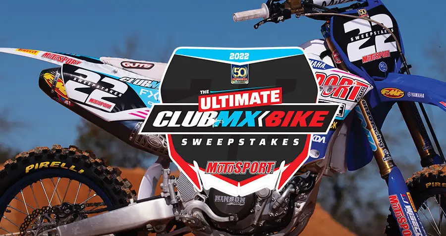 Enter the Motosport Ultimate ClubMX Bike Sweepstakes weekly for your chance to win prizes from FXR, MUC-OFF, PIRELLI, FMF, ACERBIS, and more. The Grand Prize is a 2022 ClubMX Yamaha YZ450F