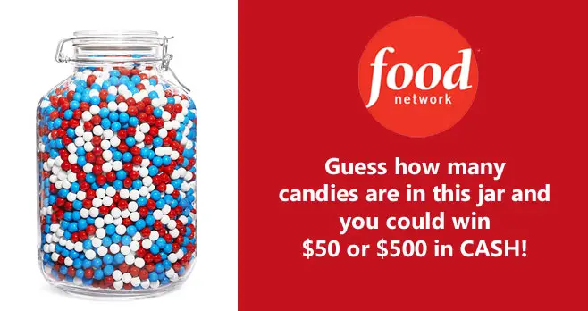 Guess how many candies are in the jar for your chance to win one of 4 cash prizes. One grand prize winner will win $500 and three runner-up winners will each win $50 awarded in the form of a check from Food Network Magazine