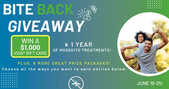 Enter to win a $1,000 in Visa gift cards and ONE YEAR HomeTeam Mosquito Control Service! Eight runners-up also win either $500 or $100 Visa gift cards and free mosquito treatments!