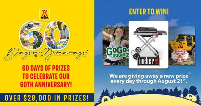 Enter the KOA 60 Days of Giveaways daily through August 21st! The more you enter, the more chances you have to win! New prizes will be given out daily including a Explore North American $6,000 KOA gift card