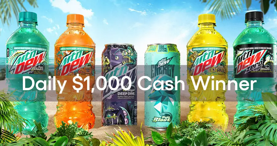 MTN DEW is giving away $1,000 cash prize everyday through September 4th plus thousands of free Mtn Dew products. Celebrate the Return of Baja Summer with Multiple Sweepstakes and Daily Prizes, including an Exclusive, Unreleased Baja Flavor  Enter codes from all Mtn Dew Baja flavors to enter for a chance to win the lost flavor