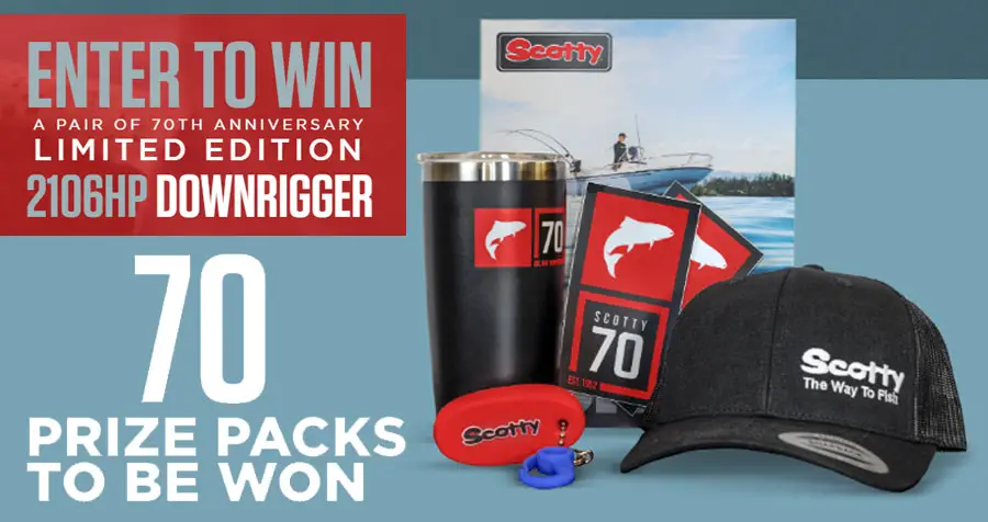 Enter Scotty's 70th Anniversary Giveaway and you could win 1 of 70 secondary prizes consisting of a tumbler insulated cup, a Scotty mesh hat, a Scotty key chain with key float and more!