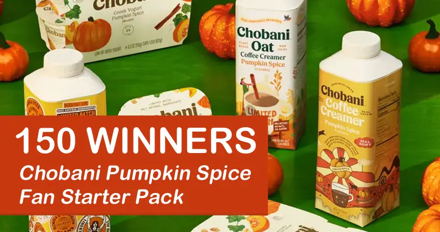 150 WINNERS! Enter for your chance to win a Chobani® Pumpkin Spice Fan Starter Pack that includes all kinds of goodies like mugs, glasses, tote bags, stickers and more Fall goodness.