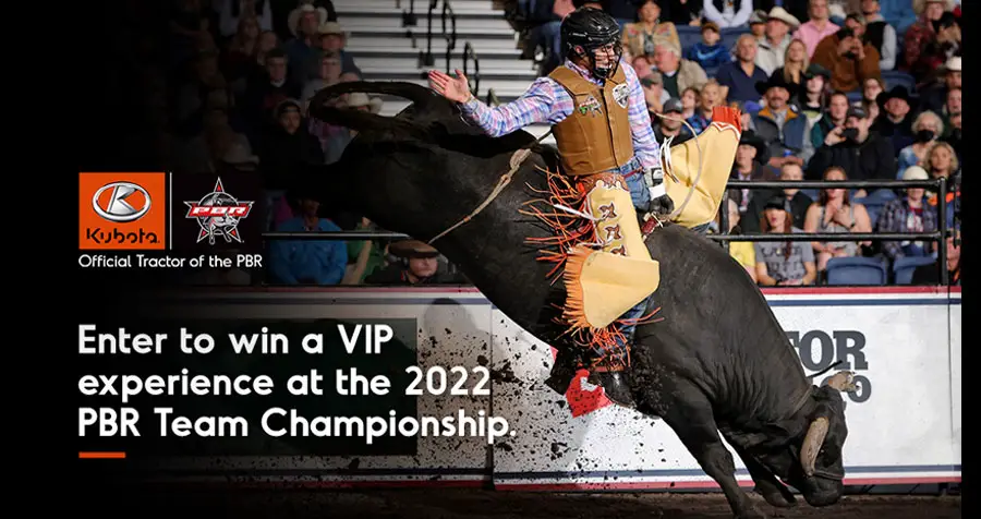 Enter the Kubota PBR World Finals Sweepstakes for your chance to win a VIP experience at the 2022 PBR Team Championships on November 4th, 5th or 6th at the T-Mobile Arena in Las Vegas, Nevada.