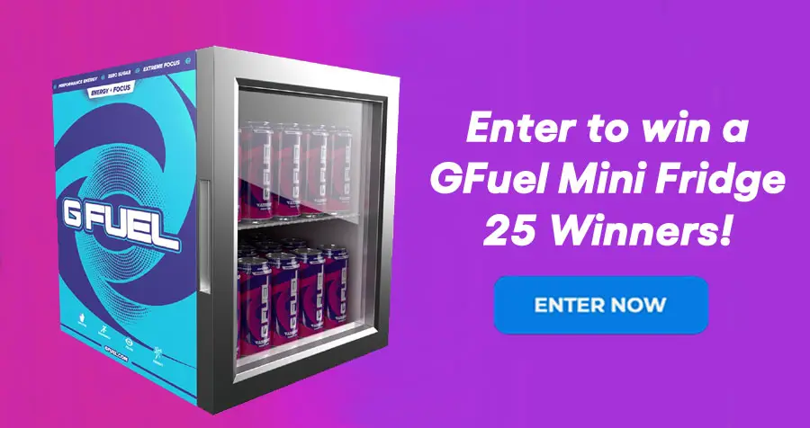 25 WINNERS! Enter for your chance to win a brand new GFUEL branded mini fridge, perfect for college dorm rooms, den, or gaming room plus a variety pack of 12 GFUEL cans!
