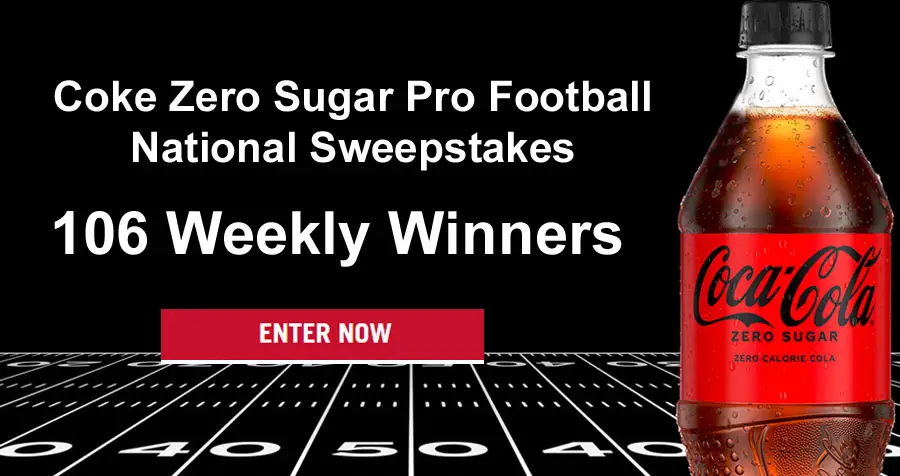 Enter the Coke Zero Sugar Pro Football National Sweepstakes daily and you could win for your chance to win a Yeti Tundra 45 Cooler, or Door Dash, Fanatics or Coke Store gift card