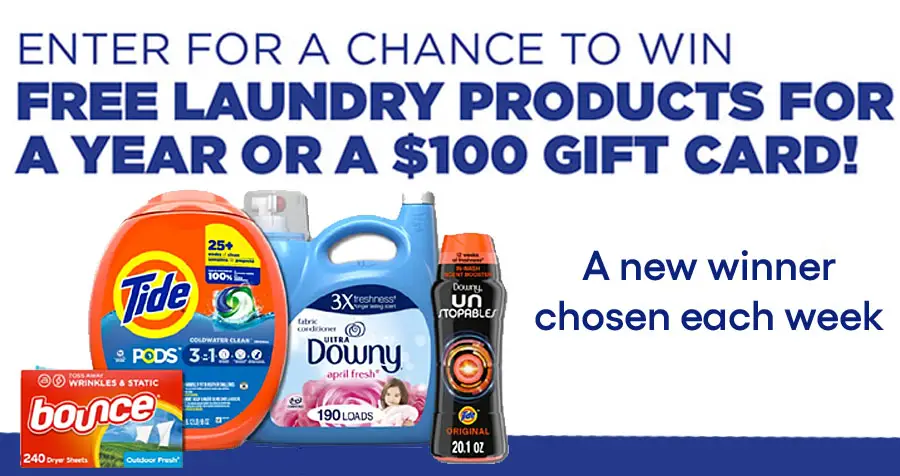 P&G and Tide are giving away $100 gift cards plus Free Unstopables, Bounce, Tide PODS, and Downy products each week through 2024. Enter once for your chance to win and your entry carries over each week.