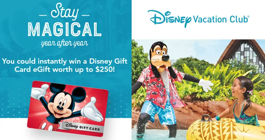 640 WINNERS! You could instantly win a Disney Gift Card eGift worth up to $250! Register and play now for your chance to win one of hundreds of other prizes too. Then, watch the  Bonus Sweeps video to earn another 5 chances to instantly win.