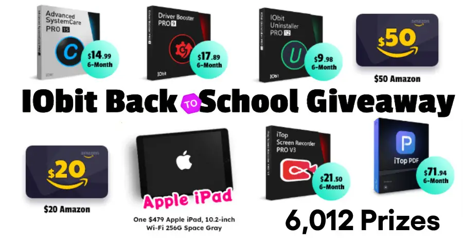 Over 6,000 Winners! Play the IObit Back to School Instant Win Game daily for your chance to win Amazon Gift Cards, , iObit tools and software and one grand prize winner will win an Apple iPad 10.2-Inch 256G Space Gray X1 prize (value $479)