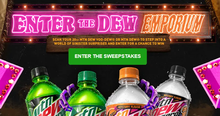 Scan your bottle of Mtn Dew or Mtn Dew Voo-Dew for your chance to win great prizes including the $5,000 grand prize. Then explore the Dew Emporium mysterious portal for more fun. Scan the tombstone's QR code or visit DewEmporium.com on your mobile device to begin exploring