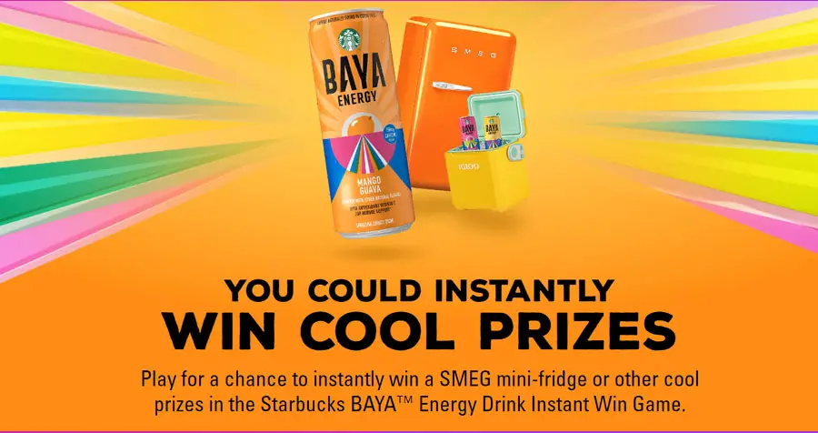 Play the Starbucks Baya Energy Drink Instant Win Game daily for a chance to instantly win a SMEG mini-fridge or other cool prizes in the Starbucks BAYA™ Energy Drink Instant Win Game.