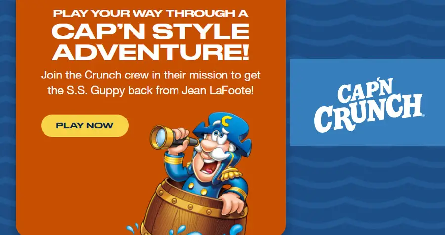 Join the Crunch crew in their mission to get the S.S. Guppy back from Jean LaFoote and you could win a Cap'n Crunch Custom Arcade Machine worth over $3,000! Play the Cap'n Crunch Arcade Instant Win Game daily