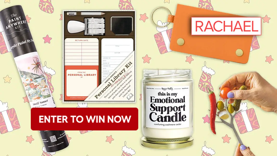 Ener the Rachael Ray Stocking Stuffers Bundle Sweepstakes for your chance to win 1 of 11 Bundles of 5 Stocking Stuffers including a wallet, candles cocktail pick set, and other goodies