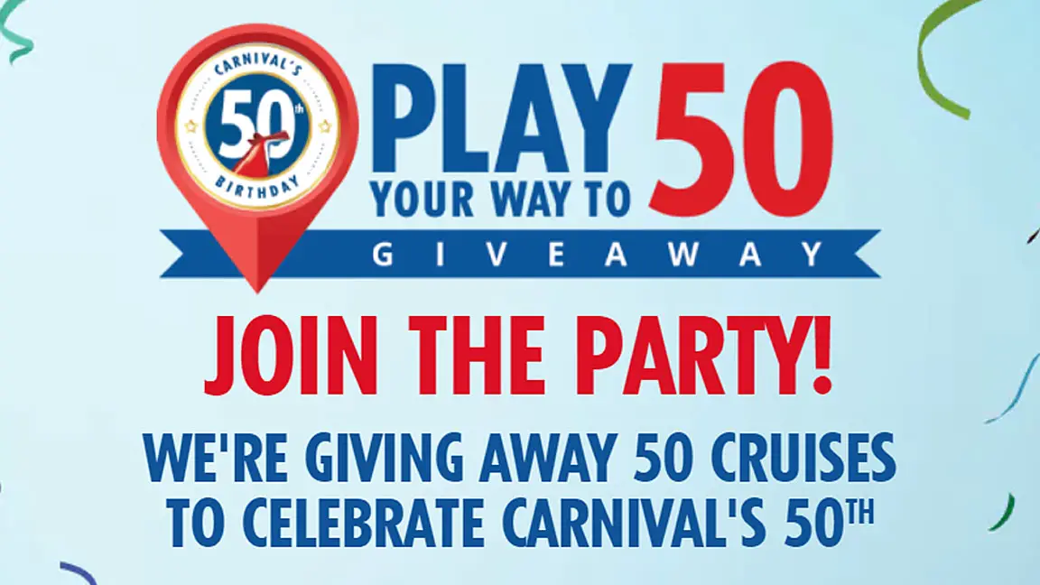 To celebrate their 50th birthday, Carnival Cruises has 50 cruises to give away. Yes, really! Get entries for the Grand Prize cruise for 10 + get a chance to instantly win one of 49 cruises for 2 or a $50 gift card every time you play.