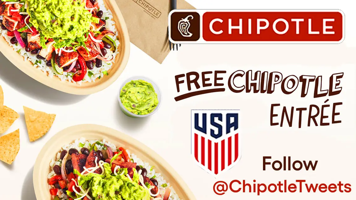 Chipotle is giving away up to $1 million worth of FREE FOOD with their new U.S. Men’s National Soccer Team Promotion. Watch the live television broadcast of a U.S. Men’s National Soccer Team game, follow @ChipotleTweets, look for the special keyword and then it to 888222 to get a Free entrée. The first 5,000 to text during each entry period will receive the free entrée