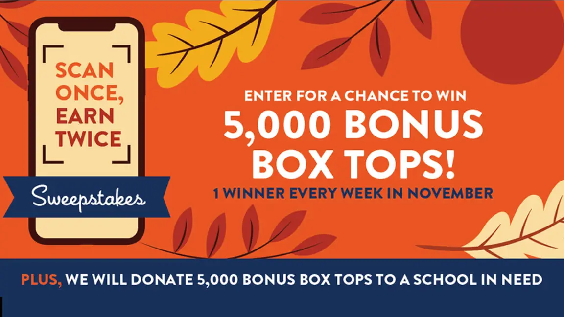 Each week in November, on lucky Box Tops scanner will win 5,000 Bonus Box Tops for their school of choice. And the week of Giving Tuesday, Box Tops will be DOULBING the prize to 10,000 Bonus Box Tops! Plus, they will match each prize and give it to a school in need. It's a fun chance to give twice as much to schools this giving season.