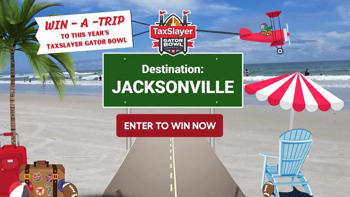 Enter to win a trip to this year’s 78th TaxSlayer Gator Bowl in Jacksonville, Florida on December 30th. The Gator Bowl is an annual college football bowl game held in Jacksonville, Florida, operated by Gator Bowl Sports. It has been held continuously since 1946, making it the sixth oldest college bowl, as well as the first one ever televised nationally.