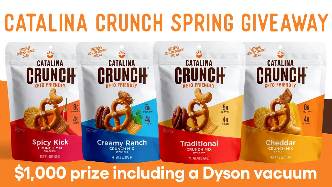 Enter for your chance to win a Dyson V15 Detect cordless vacuum valued at $1,000 PLUS $250 of Keto Friendly Catalina Crunch food items such as the Catalina Crunch® Keto-Friendly Crunch Mixes  in four flavorful varieties: Traditional, Spicy Kick, Cheddar and Creamy Ranch.