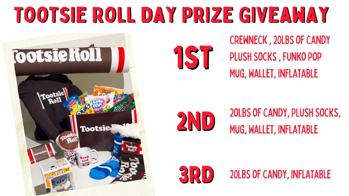 Enter for your chance to win a Tootsie Roll prize pack that includes a crewneck, 20 lbs of candy, plush socks, Funko Pop, mug, wallet and inflatable. There will be three winners in all