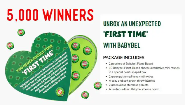 Enter for your chance to win one of over 5,000 Babybel prize packs. Each package includes 2 pouches of Babybel Plant-Based; 10 Babybel Plant-Based cheese alternative mini rounds; in a special heart-shaped box; 2 green patterned terry cloth robes; A cozy and soft green throw blanket; 2 green glass stemless goblets; A limited-edition Babybel cheese board
