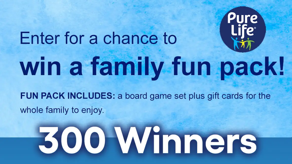 Enter the Pure Life Family Fun Sweepstakes for your chance to win one of 300 Family Fun prize packs that include an Amazon gift card, Hulu gift card Door Dash gift card and board game set