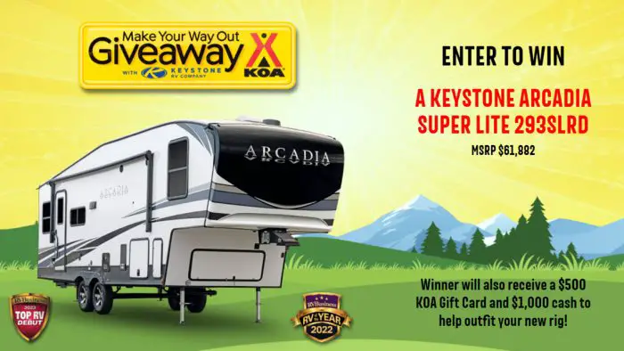Enter for your chance to win a Keystone Arcadia Super Lite 293SLRD Camper valued at over $61,000! The grand prize winner will also receive a $500 KOA Gift Card and $1,000 cash to help outfit your new rig! Enter each day for more chances to win.