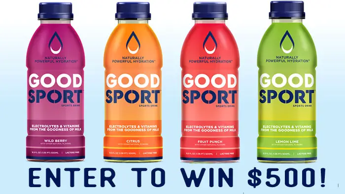 Celebrate their recent launch in Walmart, Good Sport is giving you the chance to win $500! Find GoodSport® drinks at a Walmart near you. Packed with three times the electrolytes and 1/3 the sugar of traditional sports drinks, GoodSport provides whole-body hydration and fuel for active muscles.