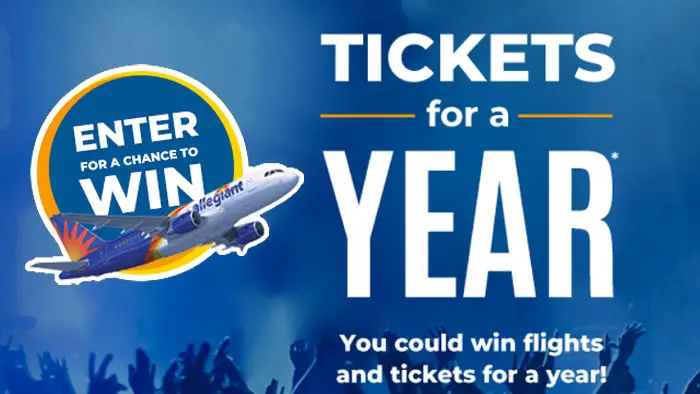 You could win FREE flights for a year from Allegiant and FREE tickets for a year from Ticketmaster and Live Nation. Four winners will each receive $3,000 in Ticketmaster gift cards and $3,300 in Allegiant vouchers