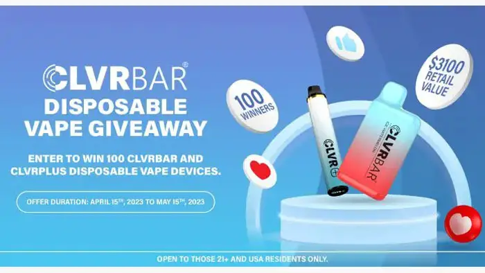 One hundred (100) grand prize winners will receive one (1) CLVRbar & one (1) CLVRplus disposable vape device. (ARV: $31 for each) Enter the CLVRbar Vape Giveaway for a chance to win a variety of prizes related to vaping such as 100 of CLVRbar and CLVRPlus Devices. It is the fantastic opportunity to try out new products, win exciting prizes, and connect with a vibrant community of vaping enthusiasts. So don't miss out on this chance to elevate your vaping experience and enter the CLVRbar vape Giveaway today!