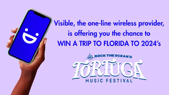 Visible, the one-line wireless provider, is offering you the chance to WIN A TRIP TO FLORIDA TO the 2024 Rock the Ocean's TORTUGA Music Festival. The trip includes 2 VIP tickets, airfare and accommodations and $200 cash
