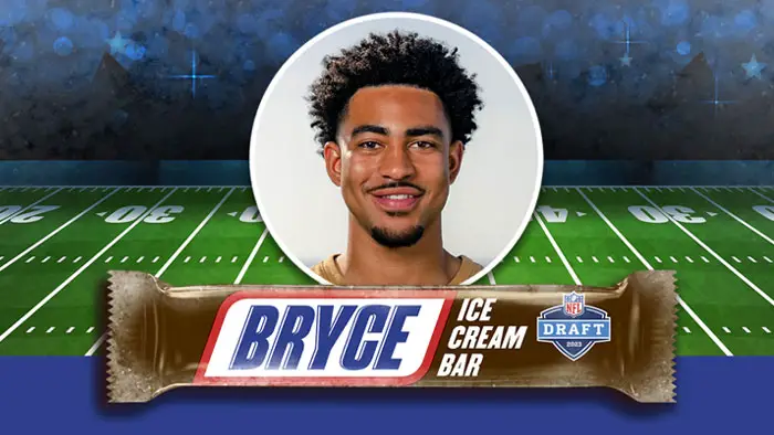 300 WINNERS! To celebrate the 2023 NFL Draft, SNICKERS Ice Cream has partnered with this year's coldest draft pick, #BryceYoung, to create the BRYCE CREAM BAR! The SNICKERS Bryce Ice Cream Bar takes all the deliciousness and satisfaction of a a classic SNICKERS bar combined with the frosty goodness of peanut butter ice rem and smooth caramel covered in a chocolatey shell.