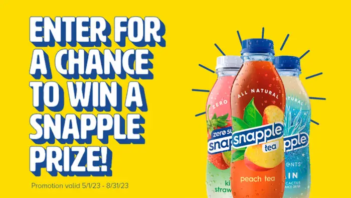 Play the Snapple Instant Win Game daily for your chance to win a Snapple prize. Prizes include a Snapple Pool Float, bottle cooler, Snapple Fact Caps, Rare Snapple Flavors and Snapple Mini Fridge.